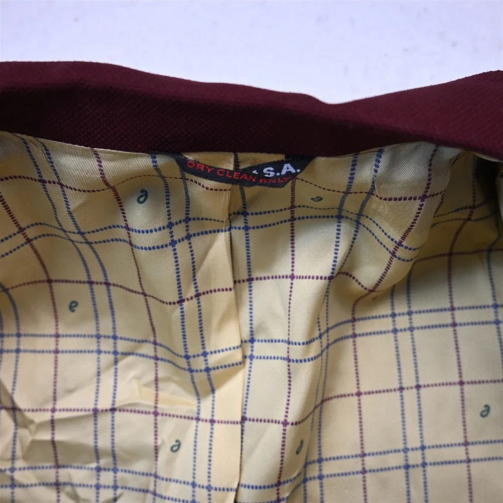 Vtg USA Made 46L‎ Dark Red Gold Button Mens Blazer Suit Jacket Sport Coat